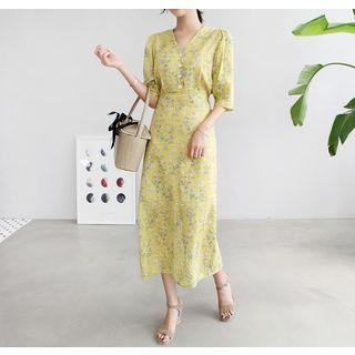 3/4-sleeve Half-placket Floral Long Dress