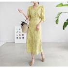 3/4-sleeve Half-placket Floral Long Dress