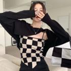 Long-sleeve Knit Crop Top / Checkerboard Camisole Top