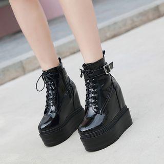 Lace-up Patent Platform Hidden Wedge Ankle Boots