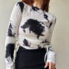 Crewneck Tie-dye Pleated Long-sleeve Top
