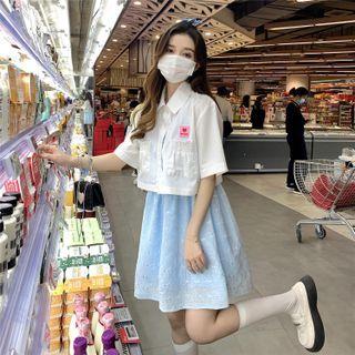 Elbow-sleeve Shirt / Spaghetti-strap A-line Dress