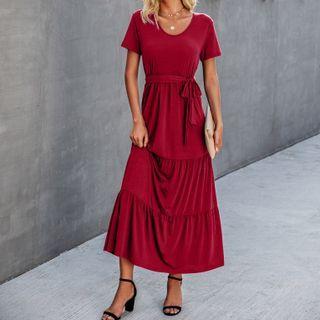 Short-sleeve Tie-waist Tiered Maxi A-line Dress