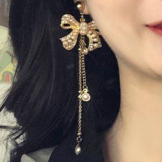 Faux Pearl Rhinestone Bow Dangle Earring 1 Pair - As Shown In Figure - One Size