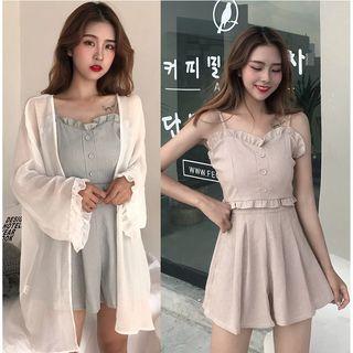 Set: Frill Trim Spaghetti-strap Top + Culottes / Chiffon Jacket