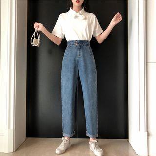Set: Short-sleeve Bow Top + Straight Fit Jeans