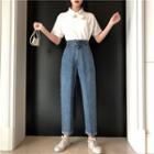 Set: Short-sleeve Bow Top + Straight Fit Jeans