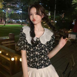 Puff-sleeve Eyelet Lace Collar Button-up Blouse