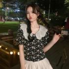 Puff-sleeve Eyelet Lace Collar Button-up Blouse