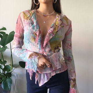 Bell-sleeve V-neck Floral Print Ruffled Blouse