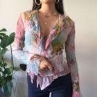 Bell-sleeve V-neck Floral Print Ruffled Blouse