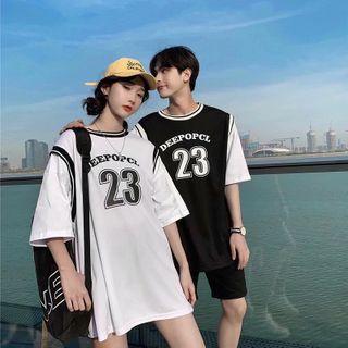 Couple Matching Mock Two-piece Lettering Elbow-sleeve T-shirt