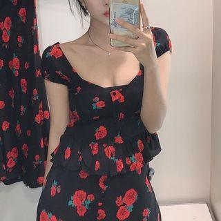 Set: Short-sleeve Floral Print Ruffled Top + Slit Midi Skirt