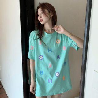 Short-sleeve Printed Plain Wide T-shirt