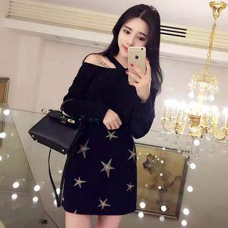 Set: Cut Out Shoulder Sweater + Star Embroidered A-line Skirt