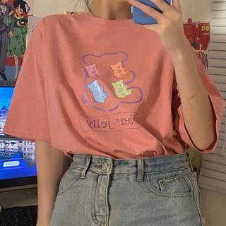 Round Neck Bear Print Short Sleeve T-shirt