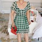 Short-sleeve Scoop Neck Plaid A-line Dress