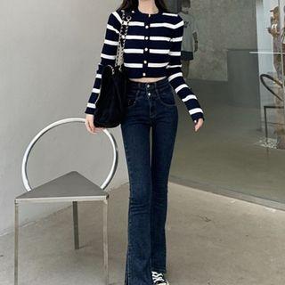 Striped Cardigan / Boot-cut Jeans