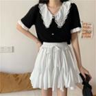 Short-sleeve Lace Panel Blouse / Mini A-line Skirt