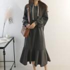 Hooded Ruffle Hem Long-sleeve Midi Dress