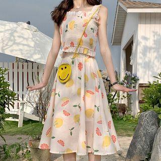 Sleeveless Printed Frill Trim Cropped Top / A-line Midi Skirt