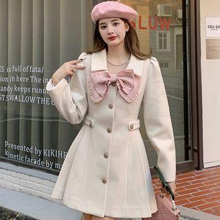 Long-sleeve Bow-accent Single-breasted Woolen Mini Dress