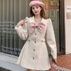 Long-sleeve Bow-accent Single-breasted Woolen Mini Dress