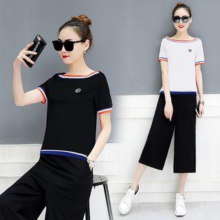Set: Contrast Trim Short Sleeve T-shirt + Wide Leg Capri Pants