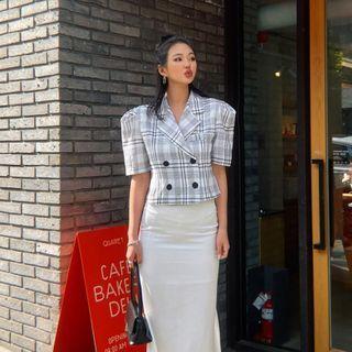 Puff-sleeve Double-breasted Cropped Plaid Blazer