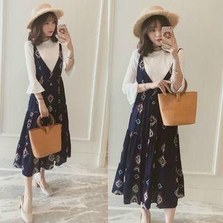 Set: Bell Sleeve Top + V-neck Pattern Pinafore Dress