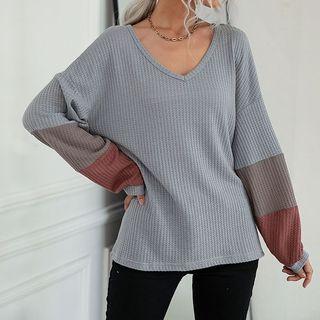 V-neck Long Sleeve Color Block Knit Top