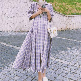 Short-sleeve Plaid Midi Collared Dress