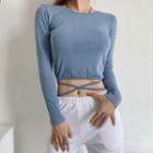 Long-sleeve Lace-up Open-back Cropped T-shirt