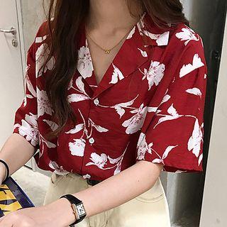 V-neck Flower Print Short-sleeve Blouse