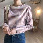 Round-neck Striped Top Red Brown - One Size