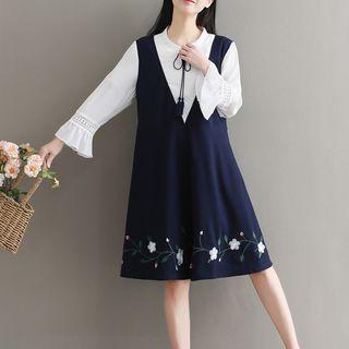 Flower Embroidered Mock Two-piece Dress