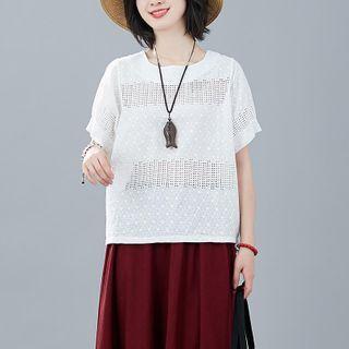 Short-sleeve Eyelet Panel Linen Top