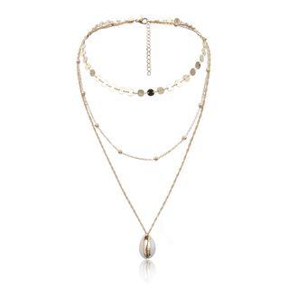 Shell Pendant Alloy Disc Layered Choker Necklace 2400 - Gold - One Size