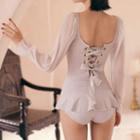 Balloon-sleeve Lace-up Back Shirred Swimsuit