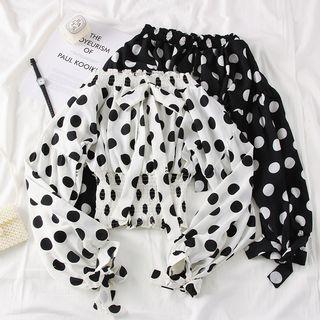 Boatneck Ribbon-neckline Dotted Crop Top