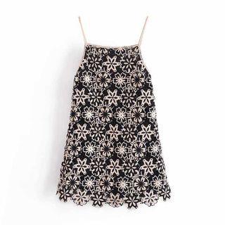 Spaghetti Strap Floral Print A-line Crochet Lace Dress