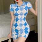 Short-sleeve Plaid Mini Bodycon Polo Dress As Shown In Figure - One Size