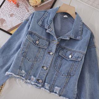 Pocket Fray-hem Ripped Denim Jacket