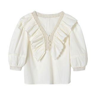 Short-sleeve Lace Trim Ruffle Blouse