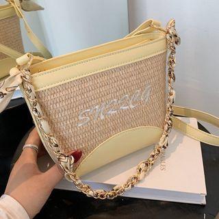 Lettering Embroidered Chain Bucket Bag