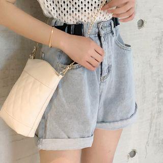 Short-sleeve Open Knit Polo Shirt / Washed Denim Shorts