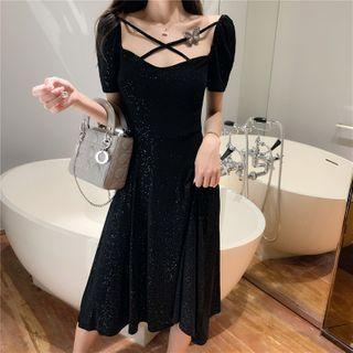 Short-sleeve Cross-strap Glitter Dress