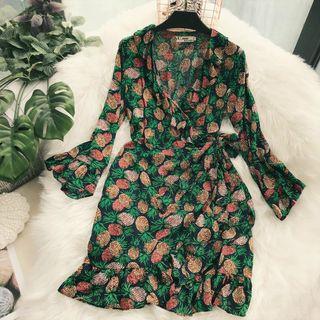Long-sleeve Pineapple Print Wrap Dress