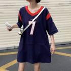 Elbow-sleeve Numbering T-shirt Dress Navy Blue - One Size
