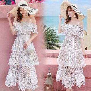 Spaghetti Strap Cold-shoulder Midi Layered Lace Dress